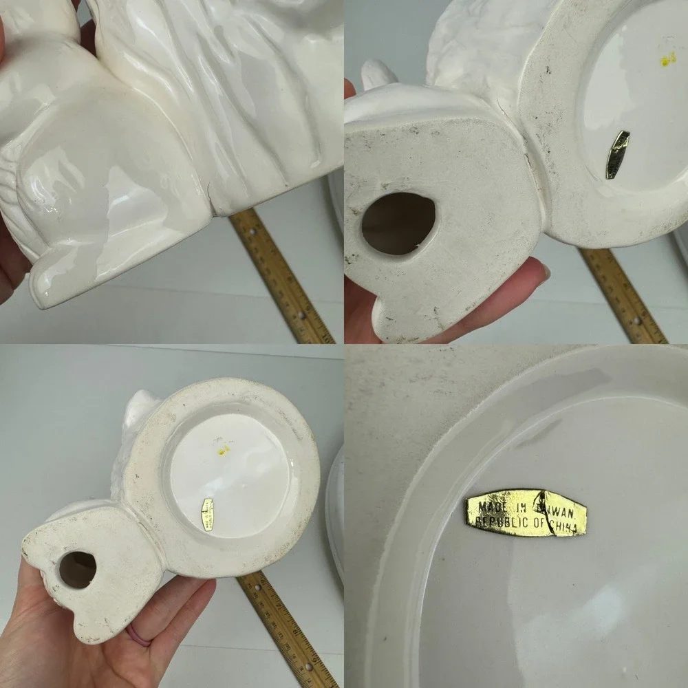 Vtg White Ceramic Porcelain Bunny Rabbit‎ Planter Tree Design Tabletop Glazed